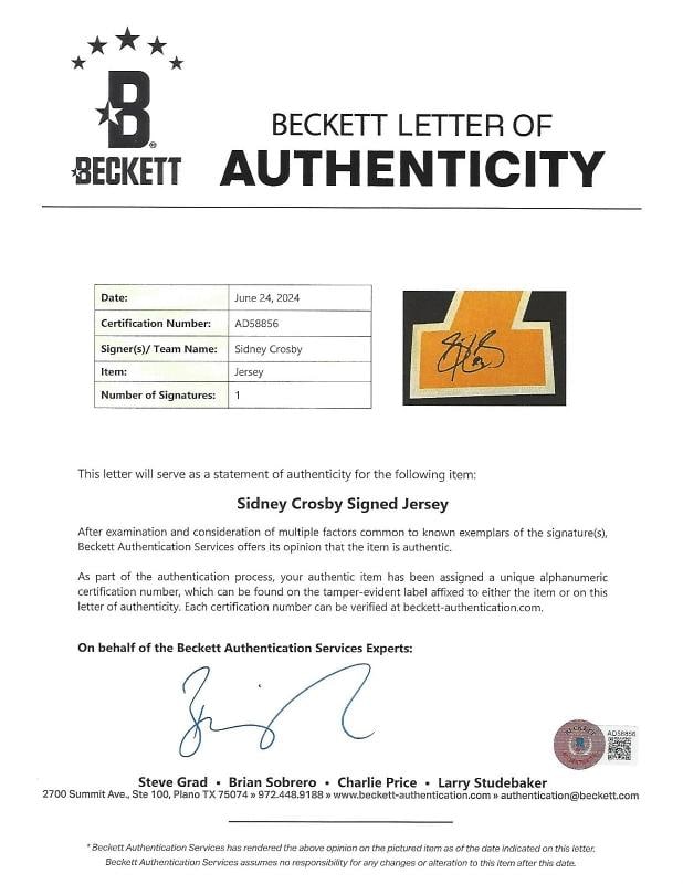 SIDNEY CROSBY SIGNED PITTSBURGH PENGUINS JERSEY XL BECKETT COA LOA STANLEY CUP - 2
