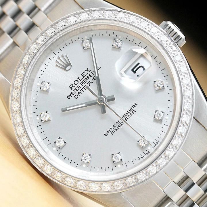 MENS ROLEX DATEJUST 16234 SILVER FACTORY DIAMOND 18K WHITE GOLD STEEL WATCH: Condition: Pre-owned - Excellent,Bezel Color: Silver,Max Wrist Size: 7.26-7.5 in,Number of Jewels: 31 Jewels,Indices: Diamond Markers, 12-Hour Dial,Bezel: Custom 18K White Gold Diamond Bezel,Band/Stra