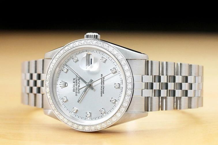 MENS ROLEX DATEJUST 16234 SILVER FACTORY DIAMOND 18K WHITE GOLD STEEL WATCH - 2