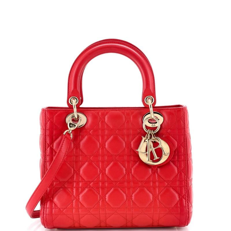 Christian Dior Lady Dior Bag Cannage Quilt Lambskin Medium: Condition: Pre-owned - Good,Brand: Christian Dior,Exterior Material: Leather,Style: Top Handle,Exterior Color: Red,Department: Women,Size: Medium,Accessories: With Strap
