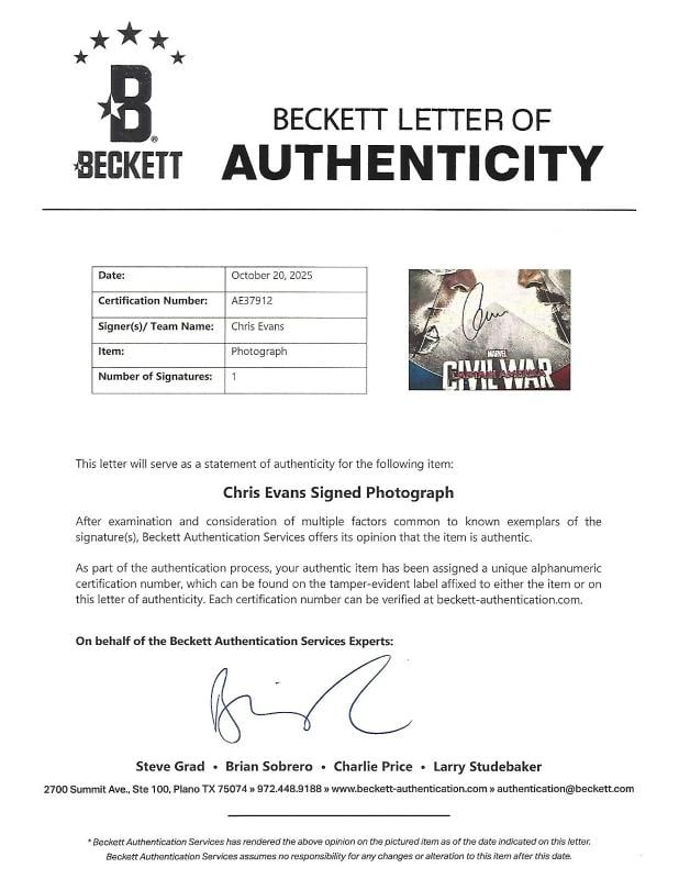 CHRIS EVANS SIGNED 'CAPTAIN AMERICA CIVIL WAR' 12x18 MOVIE POSTER BECKETT COA - 4