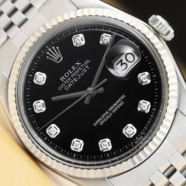 ROLEX MENS DATEJUST BLACK DIAMOND DIAL 18K WHITE GOLD STEEL WATCH w/ ROLEX BAND: Condition: Pre-owned - Excellent,Bezel Color: Silver,Max Wrist Size: 7.26-7.5 in,Number of Jewels: 26 Jewels,Indices: Diamond Markers, 12-Hour Dial,Bezel: Rolex 18K White Gold Fluted Bezel,Band/Strap: