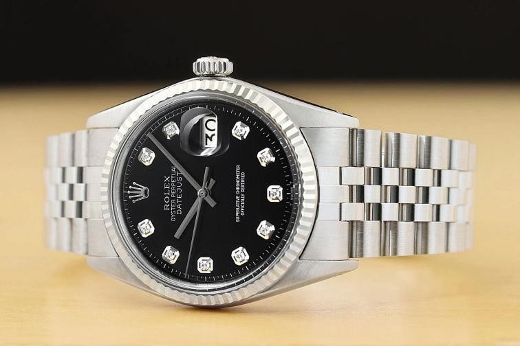 ROLEX MENS DATEJUST BLACK DIAMOND DIAL 18K WHITE GOLD STEEL WATCH w/ ROLEX BAND - 2