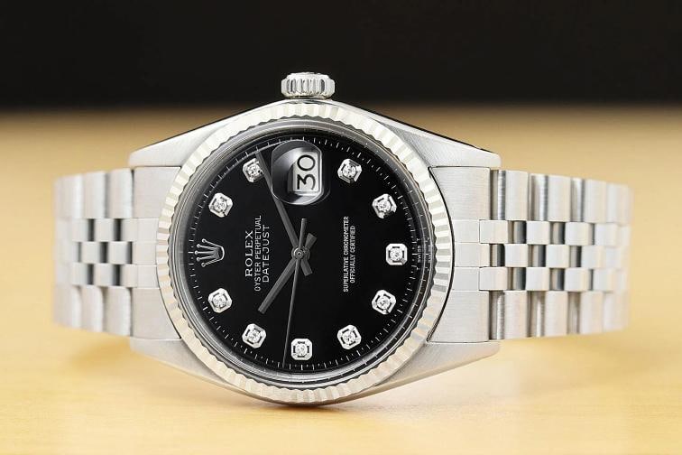 ROLEX MENS DATEJUST BLACK DIAMOND DIAL 18K WHITE GOLD STEEL WATCH w/ ROLEX BAND - 3