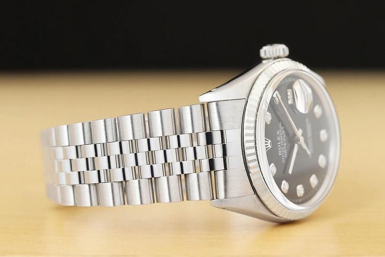 ROLEX MENS DATEJUST BLACK DIAMOND DIAL 18K WHITE GOLD STEEL WATCH w/ ROLEX BAND - 7
