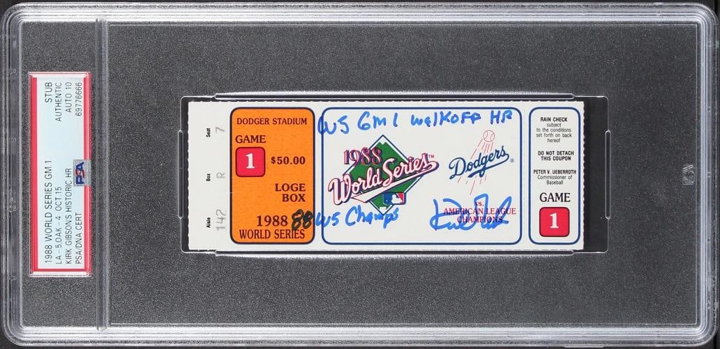 Dodgers Kirk Gibson "2x Insc" Signed 1988 WS Game 1 Ticket Auto 10 PSA Slabbed 2: Product: Not Available,Player: Kirk Gibson,Original/Reprint: Original,Autograph Authentication: PSA,Team: Los Angeles Dodgers,PRODUCT_COA: PSA,PRODUCT_SIGNED_BY_NAME: Kirk