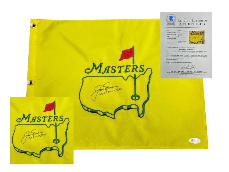 JACK NICKLAUS SIGNED AUTO OFFICIAL 2005 MASTERS FLAG BECKETT BAS WIN YEARS INSC: Product: Flag,Player: Jack Nicklaus,Sport: Golf-PGA,Autograph Authentication: Beckett,Original/Reprint: Original,Country of Origin: United States
