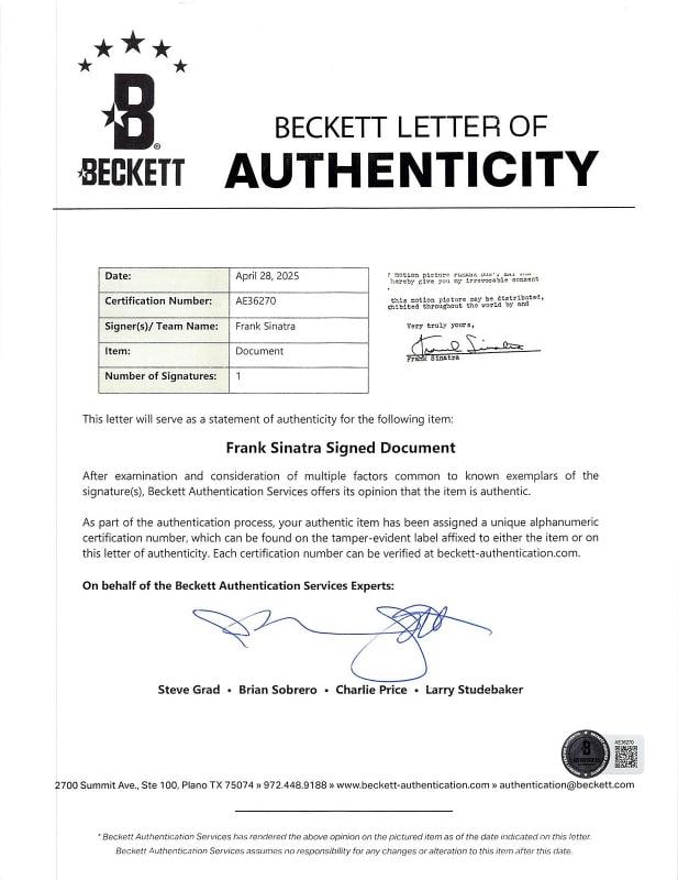 Frank Sinatra Signed 2 Page 8.5x11 Typed Naming Right Release Contract PSA & BAS - 5