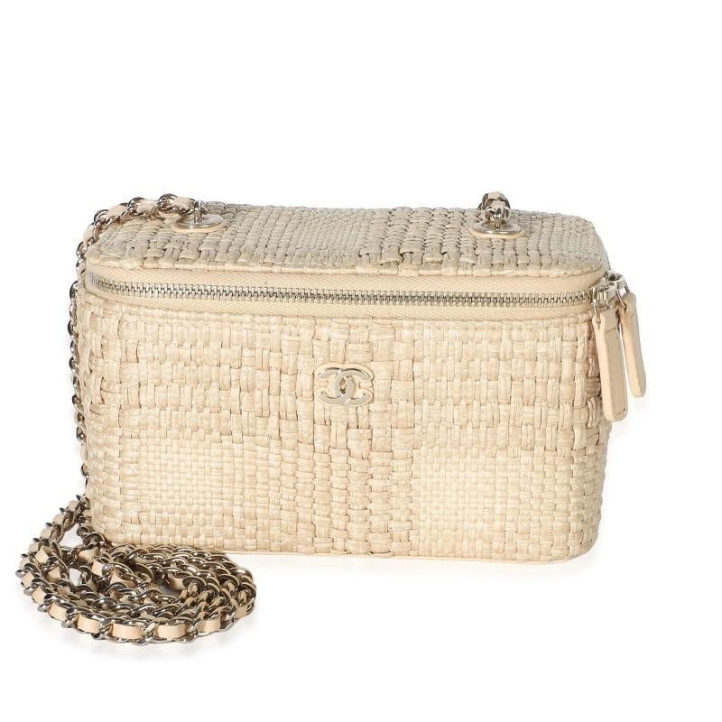 Chanel Beige Braided Raffia Vanity Case With Chain: Condition: Pre-owned - Good,Dimensions: 6.5 x 4 x 3.25,Handbag Accessories: Box;Dustbag;Receipt;Gift Ribbon;Retail Tag,Bag Width: 6.5 in,Bag Depth: 3.25 in,Bag Height: 4 in,Department: Unisex,Style: C