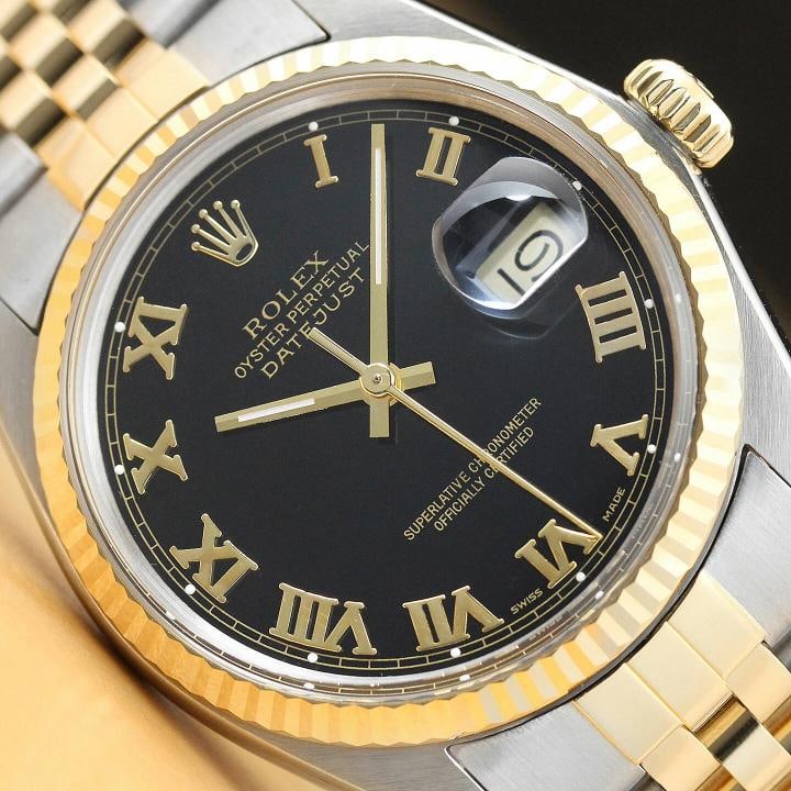 ROLEX MENS DATEJUST BLACK ROMAN 18K YELLOW GOLD STAINLESS STEEL 16013 WATCH: Condition: Pre-owned - Excellent,Bezel Color: Gold,Max Wrist Size: 7.26-7.5 in,Number of Jewels: 27 Jewels,Indices: Roman Numerals, 12-Hour Dial, Multiple Hands,Bezel: Rolex 18K Yellow Gold Fluted