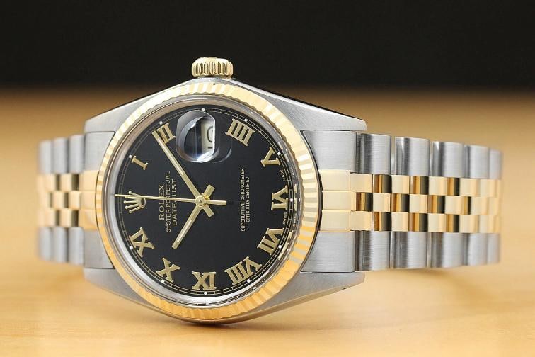 ROLEX MENS DATEJUST BLACK ROMAN 18K YELLOW GOLD STAINLESS STEEL 16013 WATCH - 2