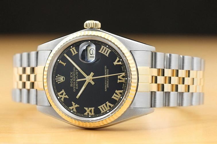 ROLEX MENS DATEJUST BLACK ROMAN 18K YELLOW GOLD STAINLESS STEEL 16013 WATCH - 3