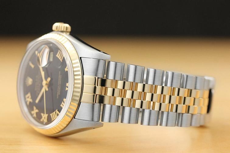 ROLEX MENS DATEJUST BLACK ROMAN 18K YELLOW GOLD STAINLESS STEEL 16013 WATCH - 4