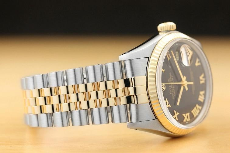 ROLEX MENS DATEJUST BLACK ROMAN 18K YELLOW GOLD STAINLESS STEEL 16013 WATCH - 7