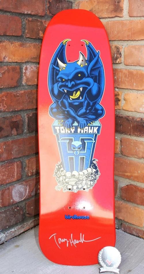 TONY HAWK SIGNED BIRDHOUSE OLD SCHOOL CREST RED SKATEBOARD DECK BECKETT COA BAS - 2