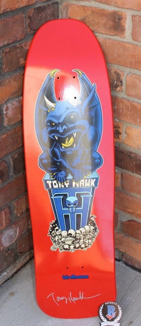 TONY HAWK SIGNED BIRDHOUSE OLD SCHOOL CREST RED SKATEBOARD DECK BECKETT COA BAS - 3