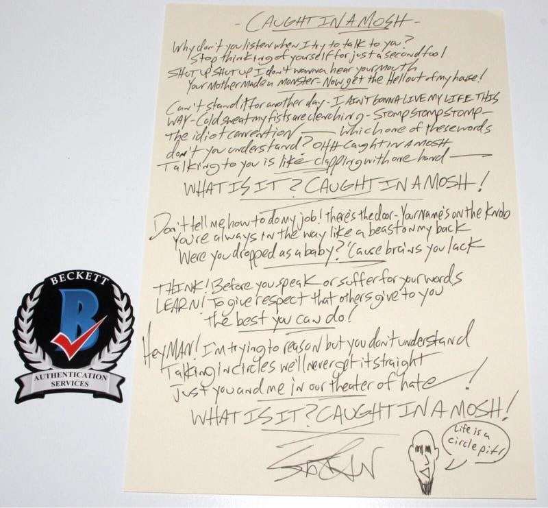 SCOTT IAN ANTHRAX HANDWRITTEN SIGNED CAUGHT IN A MOSHPIT LYRIC SHEET BECKETT COA: Industry: Music,Signed: Yes,Autograph Authentication: Beckett,Object Type: Photograph,Original/Reproduction: Original,Country of Origin: United States