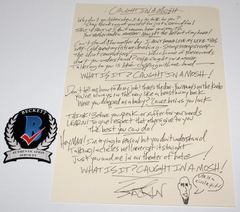SCOTT IAN ANTHRAX HANDWRITTEN SIGNED CAUGHT IN A MOSHPIT LYRIC SHEET BECKETT COA - 2
