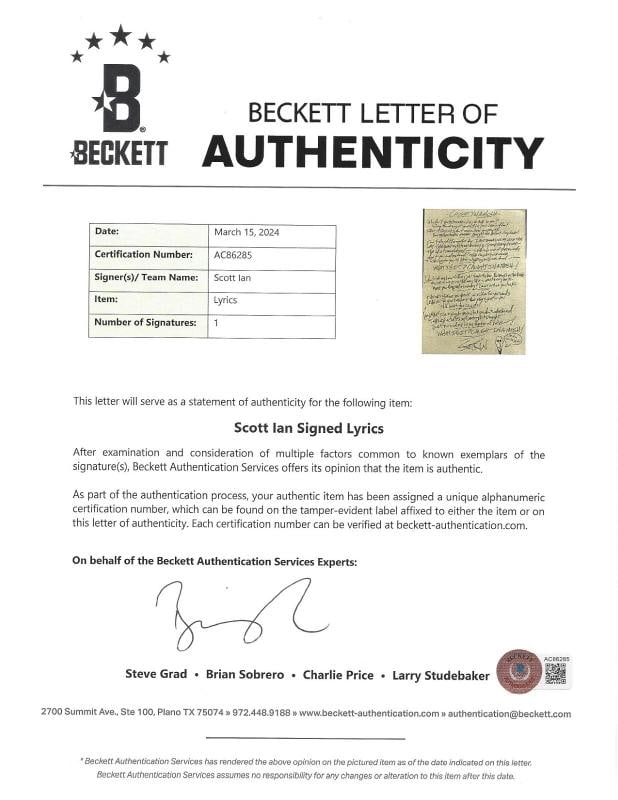 SCOTT IAN ANTHRAX HANDWRITTEN SIGNED CAUGHT IN A MOSHPIT LYRIC SHEET BECKETT COA - 3