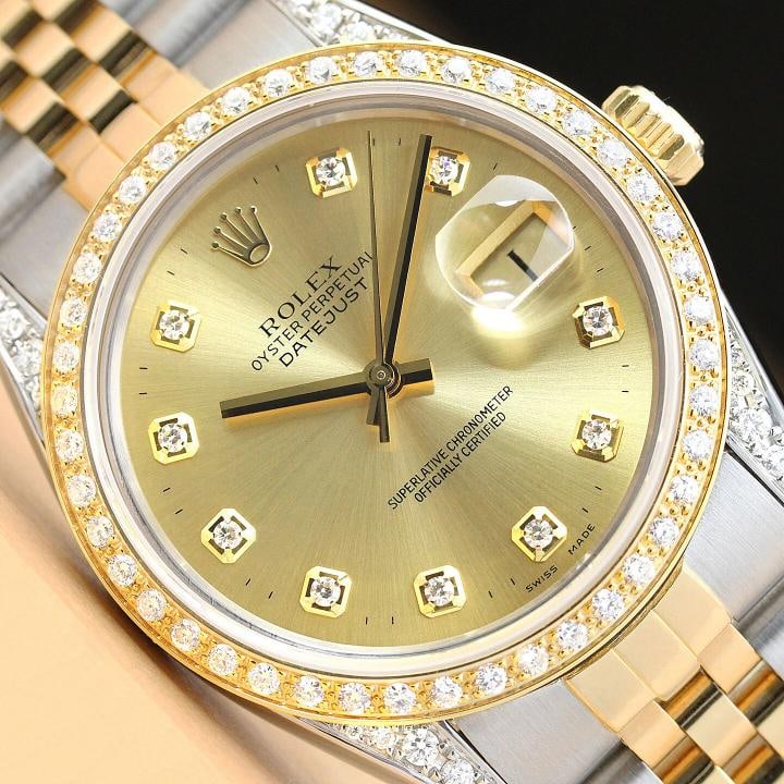 ROLEX MENS DATEJUST 16013 18K GOLD STEEL DIAMOND BEZEL LUGS CHAMPAGNE WATCH: Condition: Pre-owned - Excellent,Bezel Color: Gold,Max Wrist Size: 7.26-7.5 in,Number of Jewels: 27 Jewels,Indices: Diamond Markers, 12-Hour Dial, Multiple Hands,Bezel: Custom 18K Yellow Gold Diamond 
