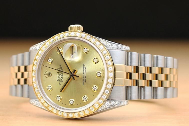 ROLEX MENS DATEJUST 16013 18K GOLD STEEL DIAMOND BEZEL LUGS CHAMPAGNE WATCH - 2