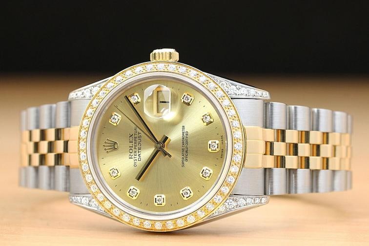ROLEX MENS DATEJUST 16013 18K GOLD STEEL DIAMOND BEZEL LUGS CHAMPAGNE WATCH - 3