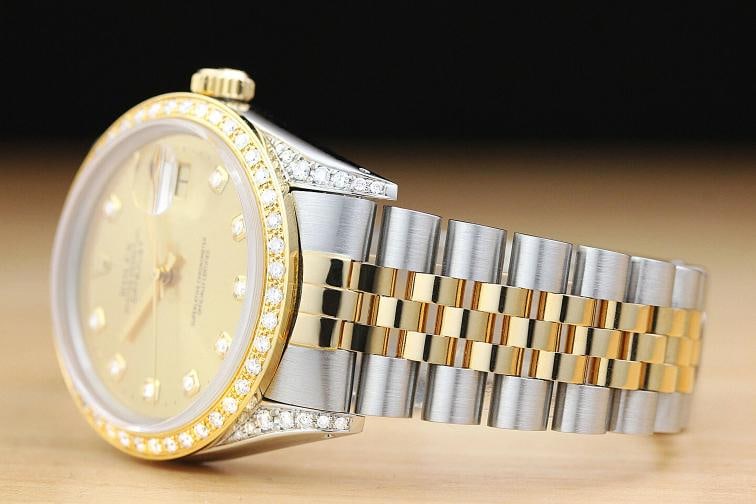 ROLEX MENS DATEJUST 16013 18K GOLD STEEL DIAMOND BEZEL LUGS CHAMPAGNE WATCH - 4