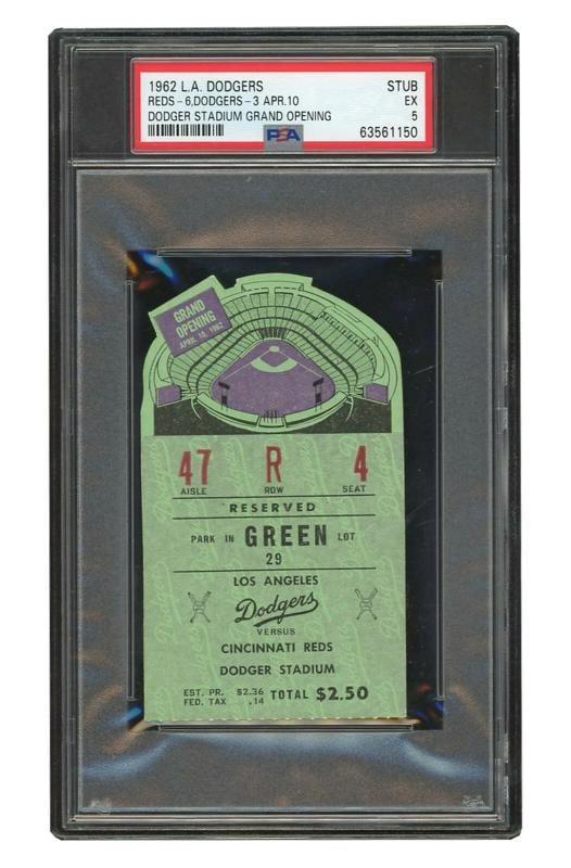 LOS ANGELES DODGER STADIUM GRAND OPENING 1ST GAME APRIL 10 1962 TICKET PSA DNA: Product: Ball,Original/Reprint: Original,Year: 1962,Team-Baseball: Los Angeles Dodgers,Sport: Baseball-MLB,Team: Los Angeles Dodgers,Country of Origin: United States