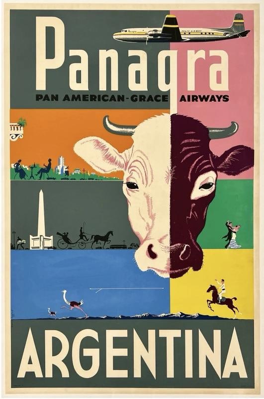 Original Vintage Poster PANAGRA - ARGENTINA - PAN AM Airline Travel Tourism OL: Dimensions: 27 x 41.3 in. / 68.6 x 105 cm.; Circa: 1950s Original vintage "PANAGRA - PAN AMERICAN-GRACE AIRWAYS - ARGENTINA" airline travel poster, designed by an anonymous artist, and printed circa 1