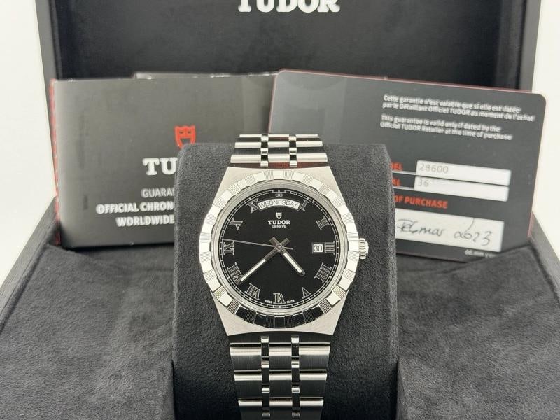 2023 Tudor Royal Day Date 28600 41mm Black Roman Dial Stainless Steel Box Paper: Condition: Pre-owned - Excellent,Bezel Color: Silver,Indices: Roman Numerals,Year Manufactured: 2020-Now,Band/Strap: Bracelet,Case Color: Silver,Department: Men,Watch Shape: Round,Style: Classic, Dres