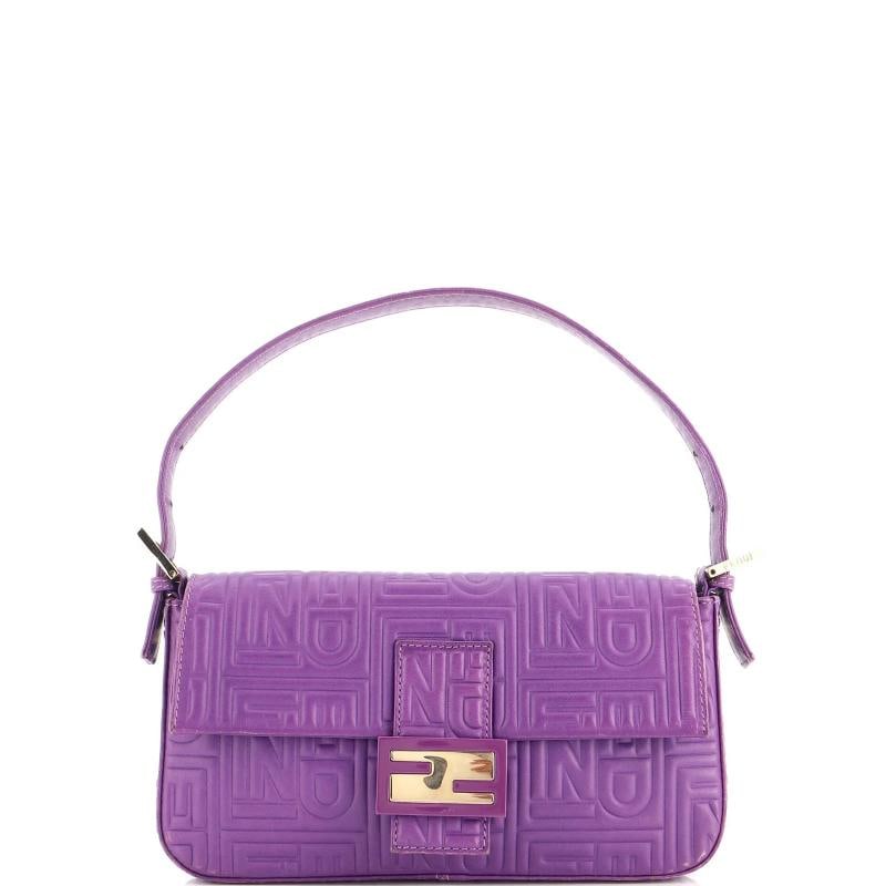Fendi Baguette Bag Logo Embossed Leather Small: Condition: Pre-owned - Good,Brand: Fendi,Exterior Material: Leather,Style: Shoulder Bags,Exterior Color: Purple,Department: Women,Size: Small Condition: Very Good. Exterior: heavy edge wear, scuffs, m