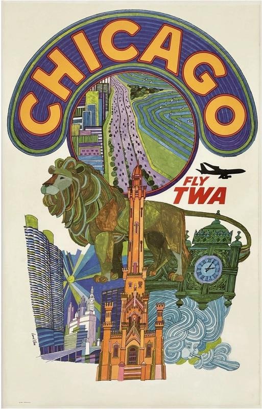 Original Vintage Poster CHICAGO FLY TWA Trans World Airline Travel Tourism LINEN: Condition: Used,Type: Poster,Airline: TWA,Country of Origin: United States Condition: Excellent / Very Good * (linen backed; minor edge and corner wear, small tears, and toning; a small smudge bottom