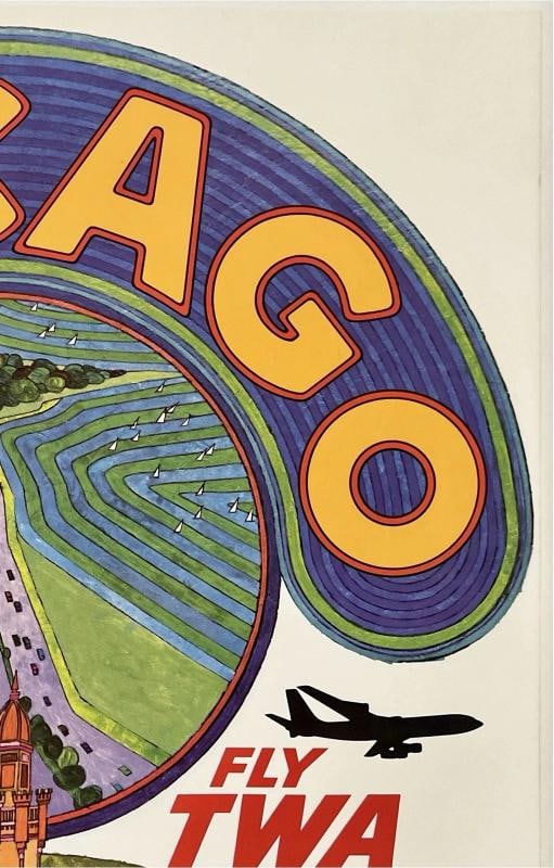 Original Vintage Poster CHICAGO FLY TWA Trans World Airline Travel Tourism LINEN - 3