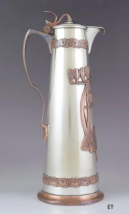 c1915 Stunning Russian Silver Copper Overlay Art Nouveau Ewer / Pitcher 13": Type: Ewer,Age: 1915-1917,Style: Art Nouveau,Material: Silver, copper,Region: Russia,Composition: .875 Silver,Year Made: c1915,Country of Origin: Russia THIS SET OF TWO RARE VINTAGE 1980'S POSTMODERN 