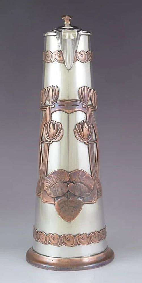 c1915 Stunning Russian Silver Copper Overlay Art Nouveau Ewer / Pitcher 13" - 2
