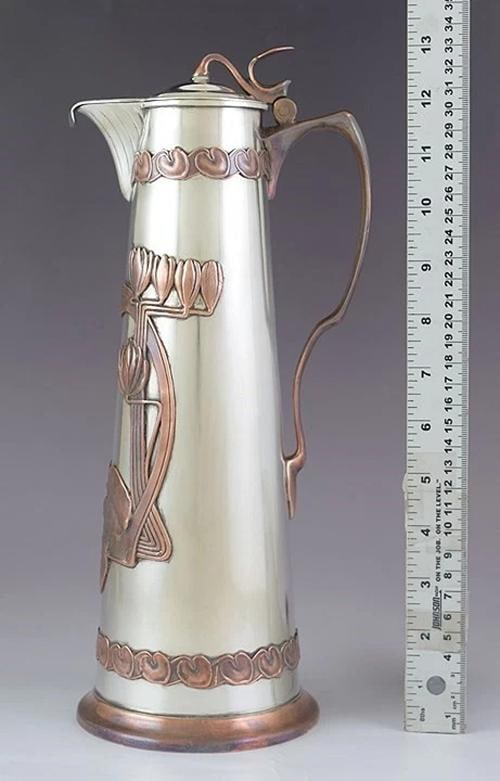 c1915 Stunning Russian Silver Copper Overlay Art Nouveau Ewer / Pitcher 13" - 3