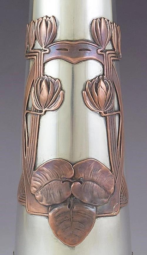c1915 Stunning Russian Silver Copper Overlay Art Nouveau Ewer / Pitcher 13" - 4