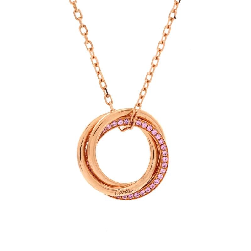 Cartier Trinity Pendant Necklace 18K Rose Gold with Pave Pink Sapphires: Condition: Pre-owned - Good,Brand: Cartier,Main Stone: Sapphire, Pink,Metal: 18K Rose Gold,Metal Purity: 18K,Style: Pendant,Type: Necklace,Color: Rose Gold,Material: 18K Rose Gold, Diamond Condition: 