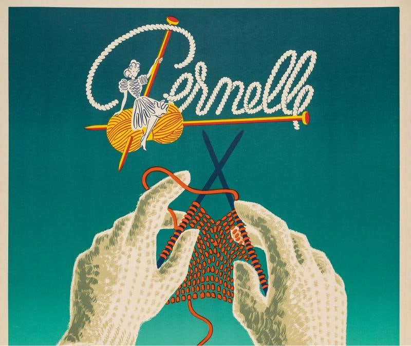 Original Vintage Poster, Villemot, Pernelle Wool, Knitting, Fashion, Witch, 1950 - 2