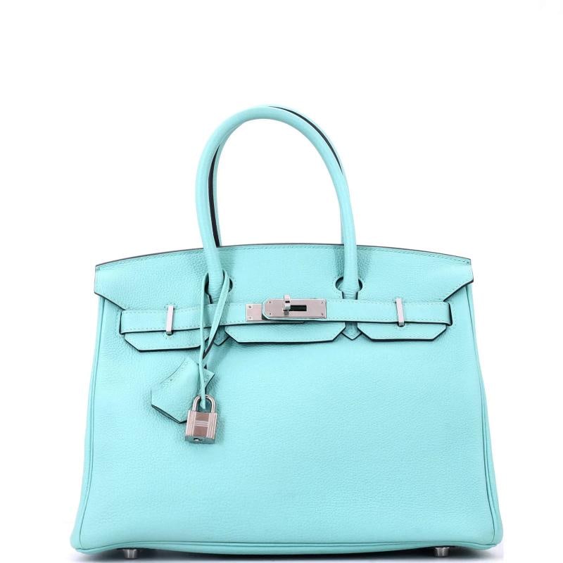 Hermes Birkin Handbag Blue Togo with Palladium Hardware 30: Accessories: Lock, Clochette, Keys Measurements: Handle Drop None", Height 9", Width 11.5", Depth 6", Strap Drop None" . Condition: Pre-owned - Good,Brand: Hermes,Exterior Material: Leather,Style: