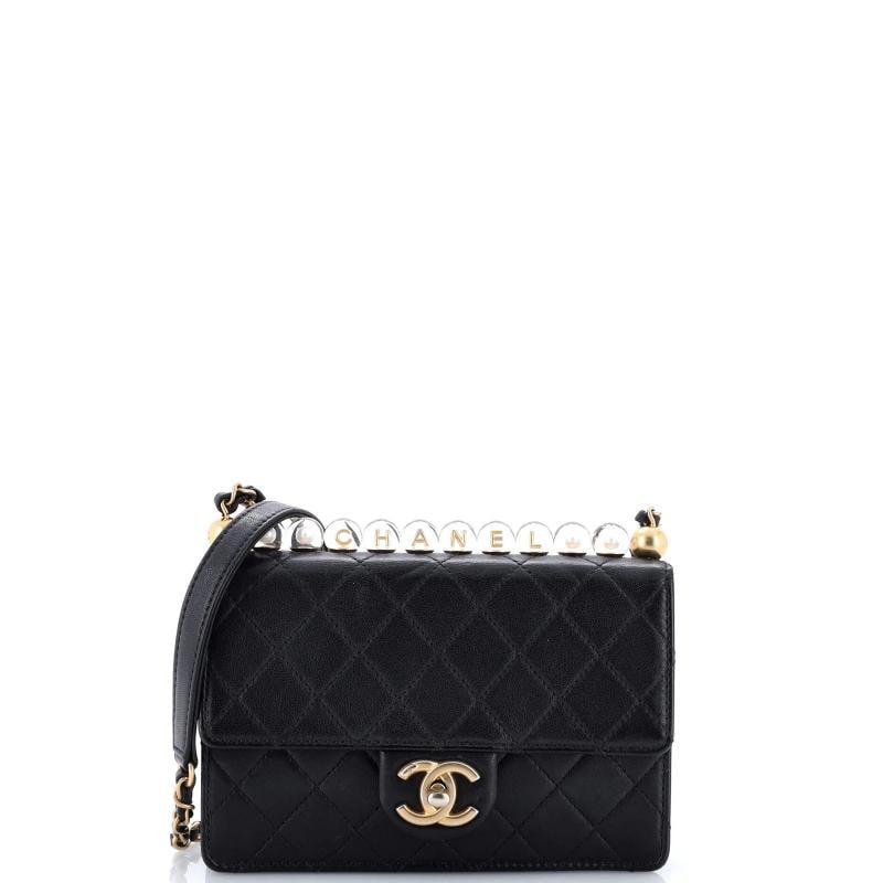 Chanel Chic Pearls Flap Bag Quilted Goatskin with Acrylic Beads Small: Accessories: Authenticity Card Measurements: Height 6", Width 7.5", Depth 2", Strap Drop 22". Condition: Pre-owned - Good,Brand: Chanel,Exterior Material: Leather,Style: Shoulder Bags,Exterior Color:
