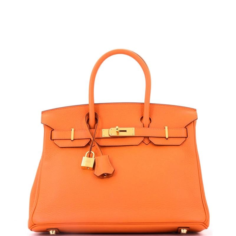 Hermes Birkin Handbag Orange Clemence with Gold Hardware 30: Accessories: Lock, Clochette, Dust Bag, Keys Measurements: Height 9", Width 11.5", Depth 6". Condition: Pre-owned - Good,Brand: Hermes,Exterior Material: Leather,Style: Top Handle,Exterior Color: