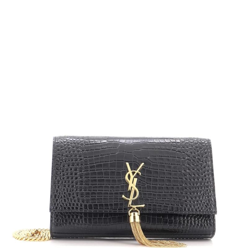 Saint Laurent Classic Monogram Tassel Crossbody Bag Crocodile Embossed Leather: Measurements: Handle Drop 10", Height 6", Width 9", Depth 2", Strap Drop 19". Condition: Pre-owned - Excellent,Brand: Saint Laurent,Exterior Material: Leather,Style: Cross Body Bags,Exterior Color: