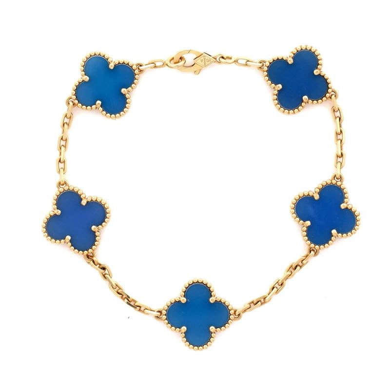 Van Cleef & Arpels Vintage Alhambra 5 Motifs Bracelet 18K Yellow Gold and Agate: Measurements: Circumference: 7.25 ", Width: 14.90 mm . Condition: Pre-owned - Good,Brand: Van Cleef & Arpels,Main Stone: Agate,Metal: 18K Yellow Gold,Metal Purity: 18K,Style: Bracelet,Type: Bracelet,C
