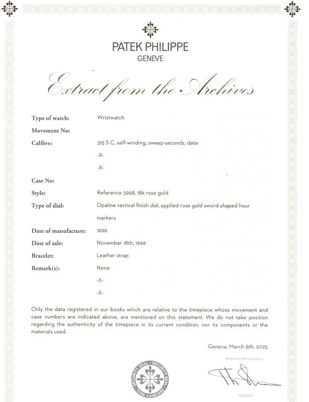Patek Philippe Geneve 3998R Papers Leather Strap Rose Gold Ivory Dial Index 34mm - 6