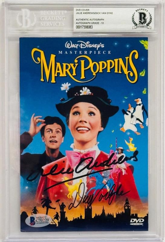 JULIE ANDREWS & DICK VAN DYKE Signed Mary Poppins DVD Cover (Beckett 10 Auto Grade): Industry: Movies,Movie: Mary Poppins,Signed by: Julie Andrews and Dick Van Dyke,Signed: Yes,Autograph Authentication: Beckett,Object Type: DVD Cover,Original/Reproduction: Original,Country of Origin: