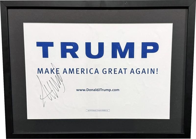 Donald Trump Signed Make America Great Again MAGA Campaign Poster Framed - JSA: Condition: Used,Country of Origin: United States,Industry: Presidential,President: DONALD TRUMP,Signed: Yes,Autograph Authentication: James Spence (JSA),Original/Reproduction: Original