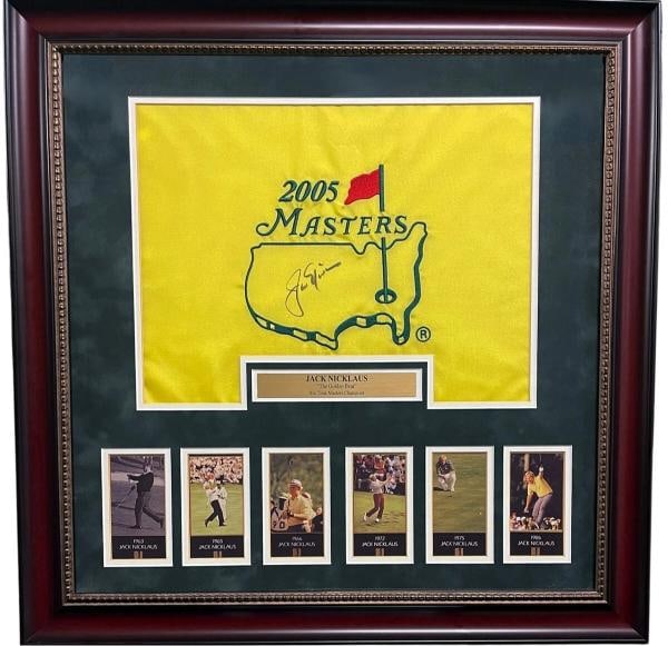 Jack Nicklaus signed 2005 Masters Pin Flag -6X Champ Cards Framed 26x26- PSA LOA (1 of 3)