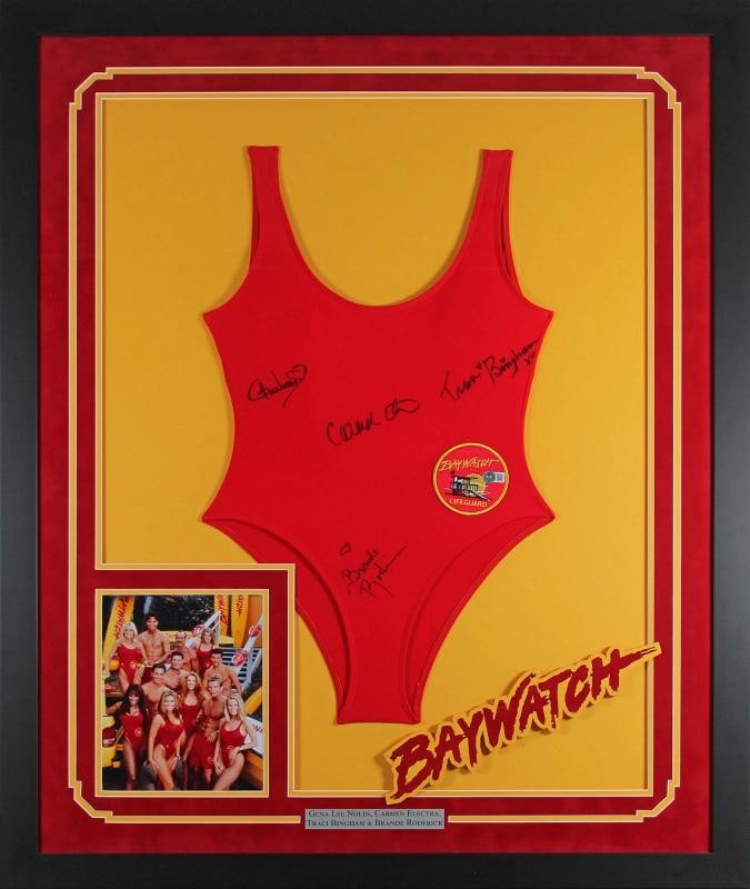 Baywatch (4) Nolin, Electra, Bingham & Roderick Signed & Framed Swimsuit BAS Wit: Signed by Gena Lee Nolin, Carmen Electra, Traci Bingham & Brande Roderick. Industry: Movies,Original/Reproduction: Original,Autograph Authentication: Beckett,PRODUCT_COA: