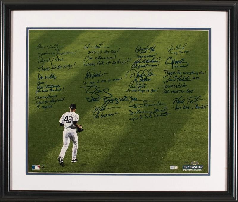 Mariano Rivera Tribute Signed 16x20 Photo 21 Sigs With Derek Jeter Steiner COA: Signatures include: Bernie Williams, David Cone, Don Mattingly, Mel Stottlemyre, Charlie Hayes, Hideki Matsui, Joe Torre, Darryl Strawberry, Doc Gooden, John Wetteland, Paul O'Neill, Ron Guidry, Joe G